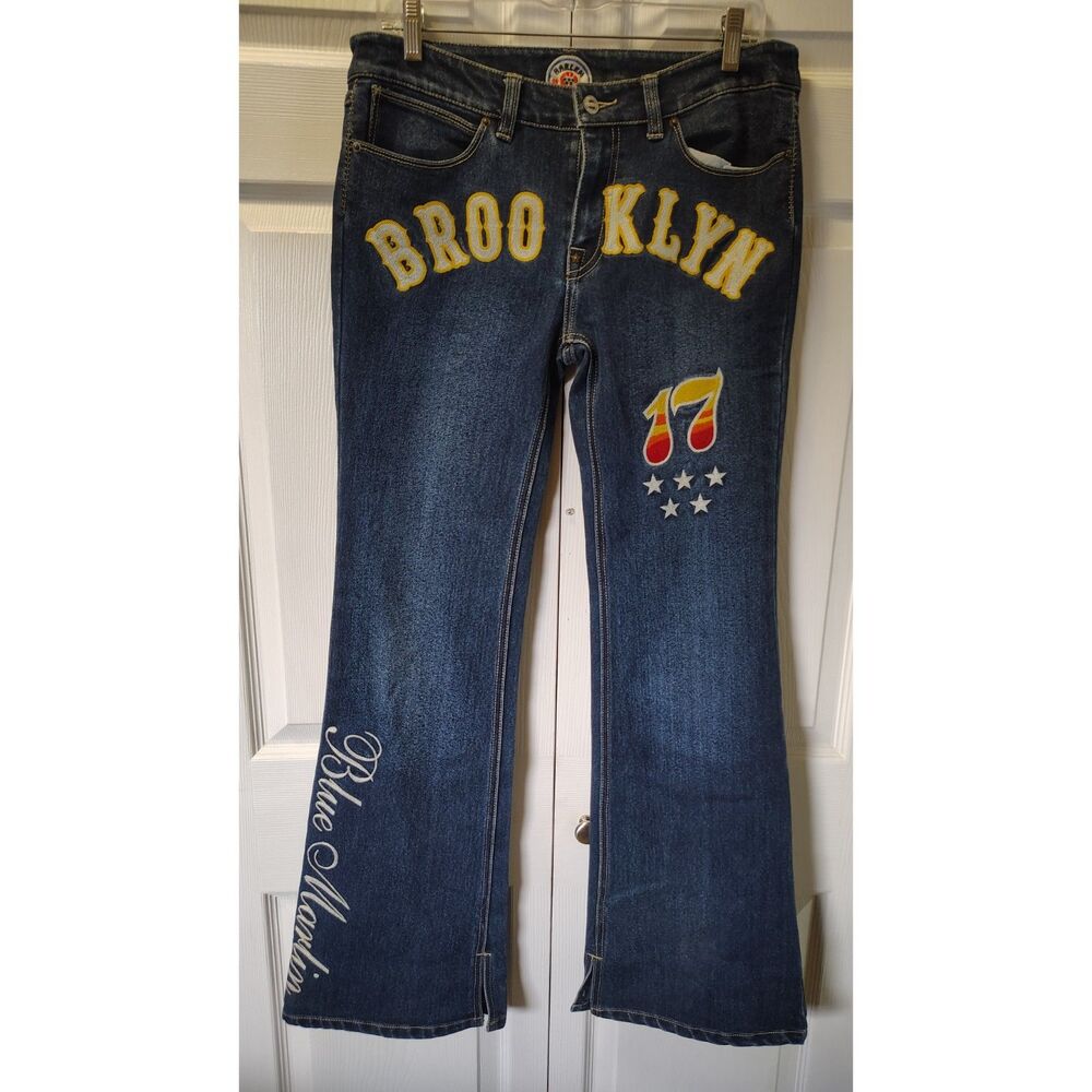 Vtg Y2K Blue Marlin "Brooklyn 17" Flare Jeans Embroidered Graphic Denim Size 11